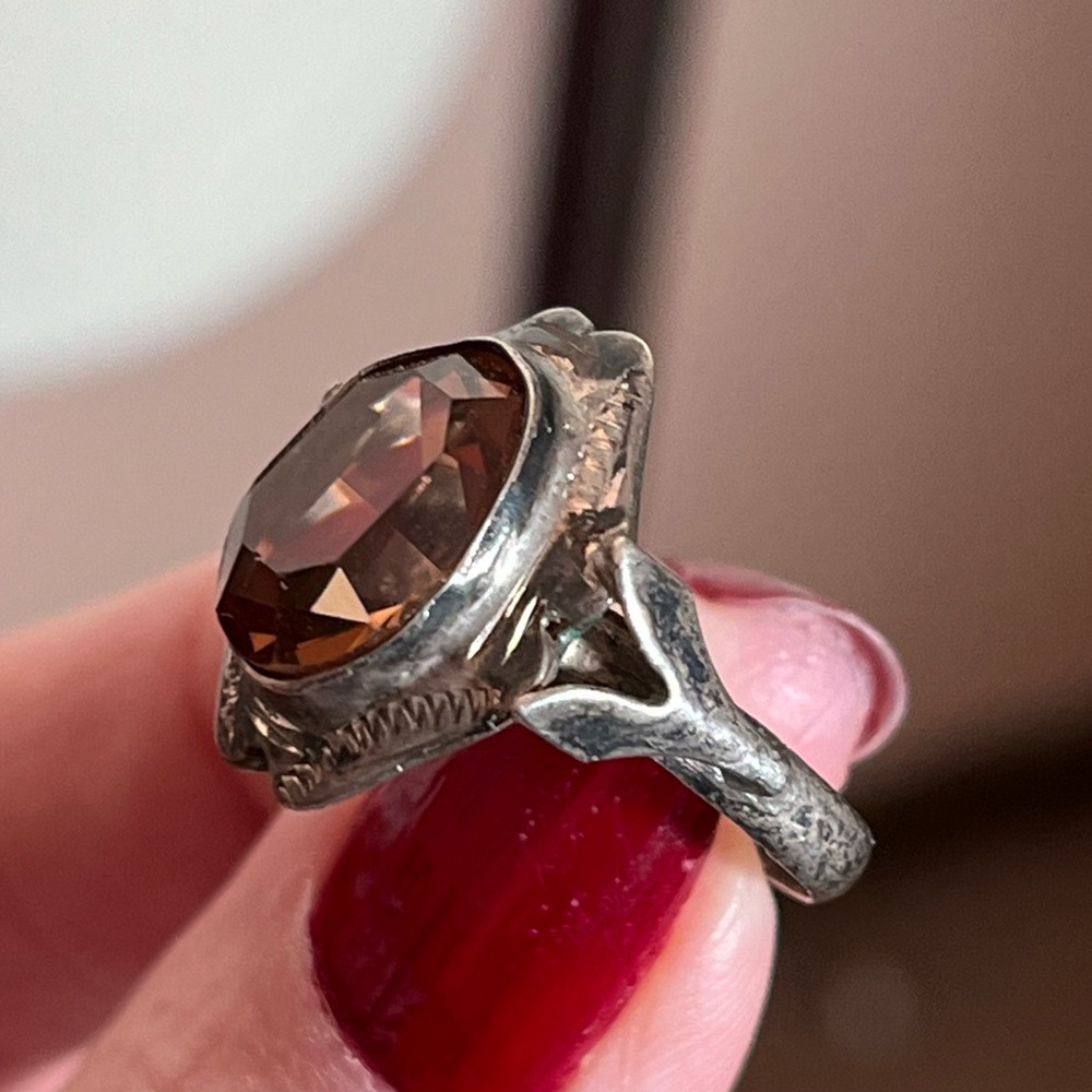 Antique Art Deco 1920’s Sterling Silver Amber Glass Victorian Signet Ring - Picture 3 of 17